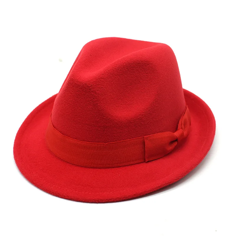 Women Bow Chain Fedora Hat Men Short Brim Wool Felt Jazz Fedora Hats Elegant Panama Trilby Cap wholesale