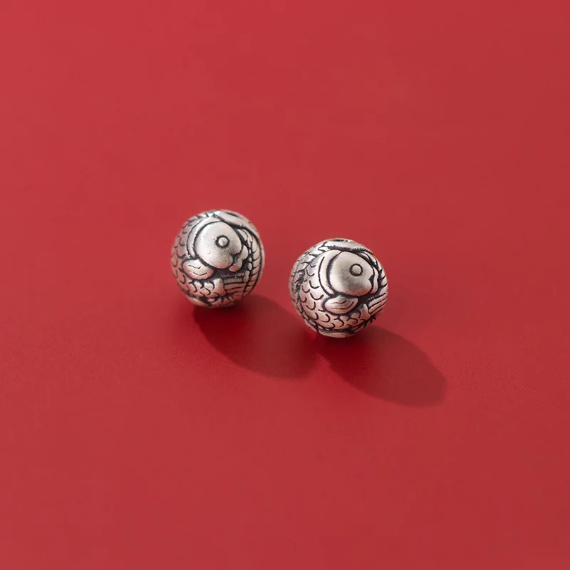 1pc 999 Pure Silver Lucky Fish Pattern Separation Round Loose Beads 10mm Craftwork 3D 999 Silver Space Charm Beads DIY Jewelry