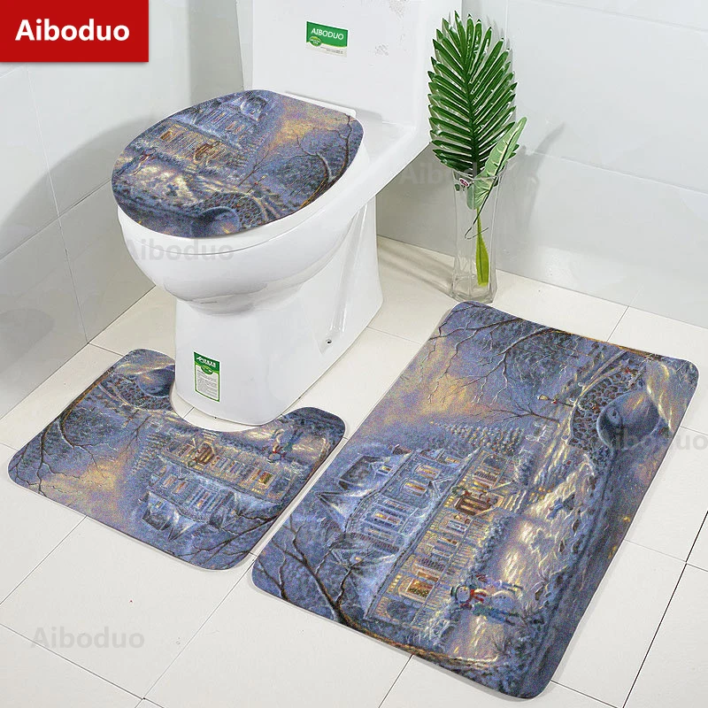 

Aiboduo 3pcs/set Toilet Lid Cover Set Non Slip Christmas Warm Home Decoration Absorbent Carpet Bath Mat Multi-size Restroom Rug