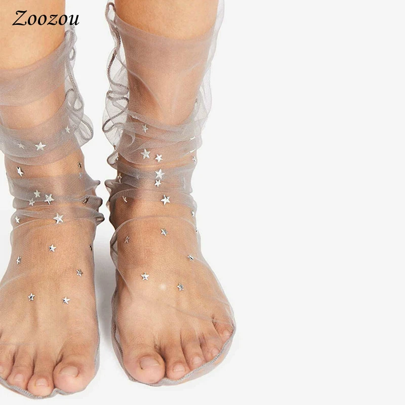 Transparent Elastic Mesh Socks for Women, Shiny Stars Moon Fishnet Candy Color Thin Mesh, Tulle Ankle Socks, Casual Cool Summer