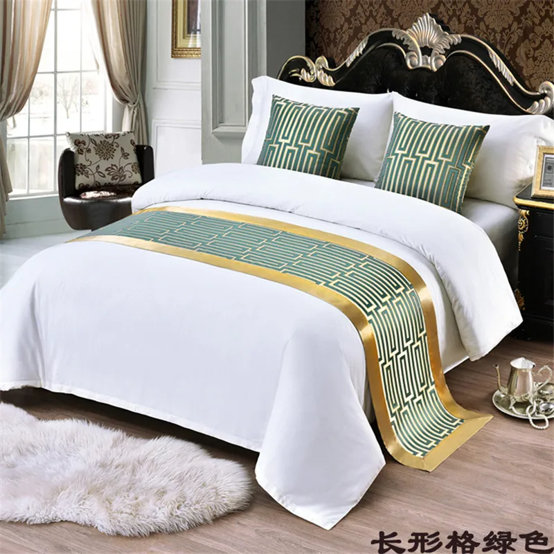 Green rectangular lattice Bed Runner New Chinese Style Bed Flag Hotel Cupboard Bedding Decor for Home Parlor Wedding Room