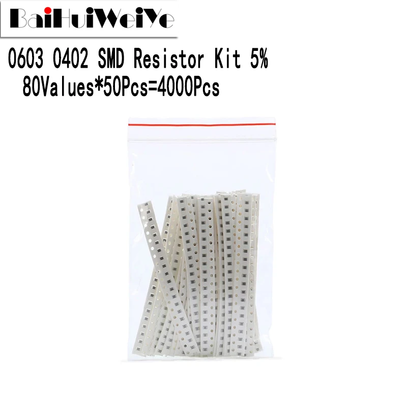 

4000Pcs/Lot 0402 SMD Resistor Kit Assorted Kit Assorted 1R - 1M Ohm 5% 80values*50Pcs Sample Kit DIY Resistance Sample Set