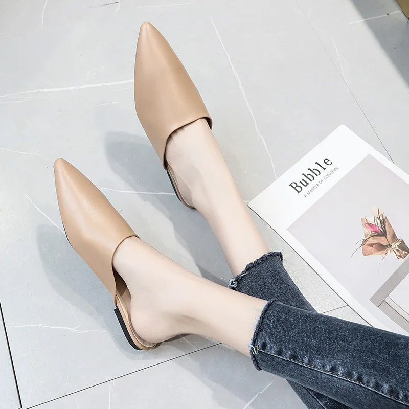 Pointed Toe Flat Slippers spring summer outdoorshoes woman mules slippers Baotou flat heel sets semi slippers Mueller shoes