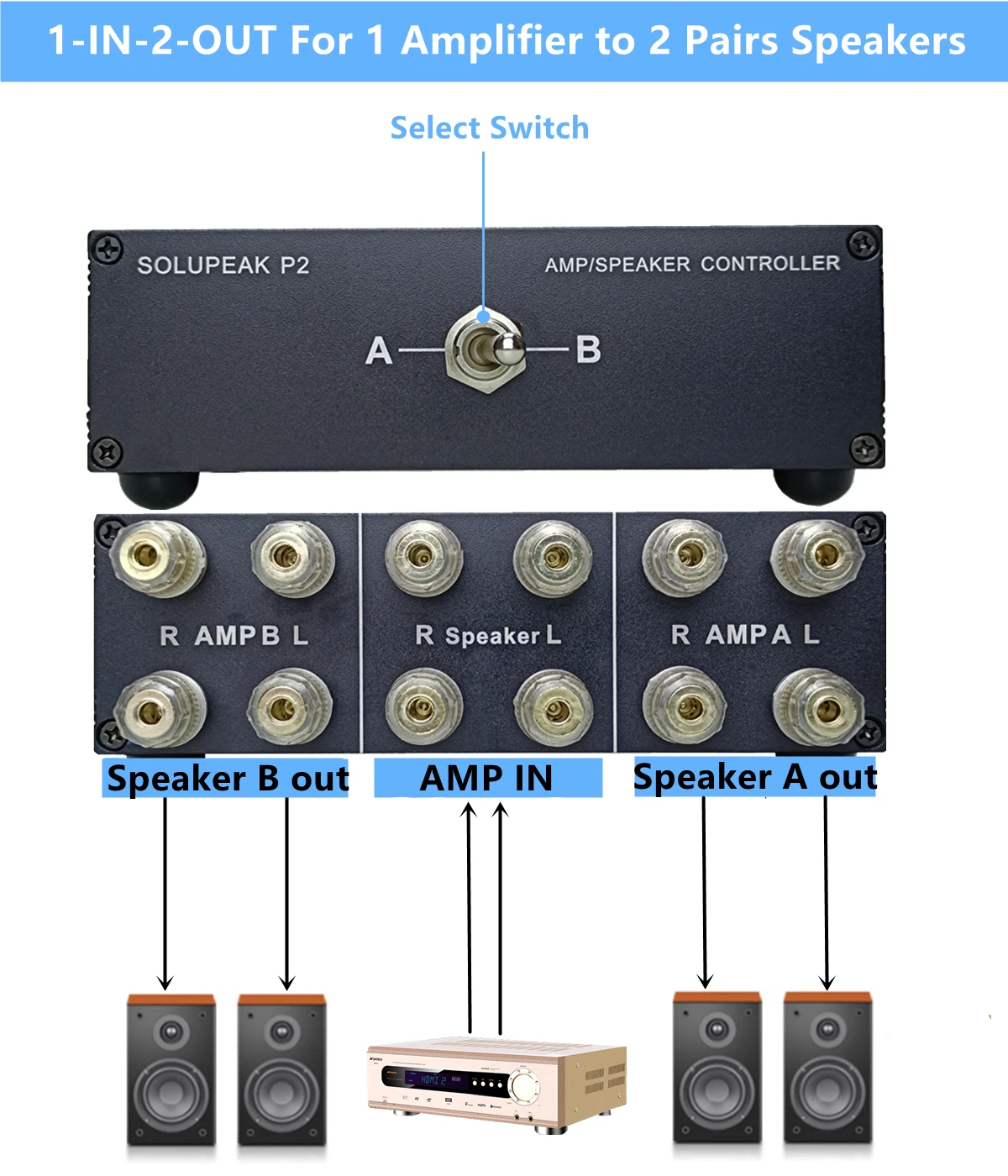 Altifalante Selector Switch Box, entrada de áudio estéreo, fonte de sinal Switcher, passivo para HiFi Audio, 2-Way Amplificador