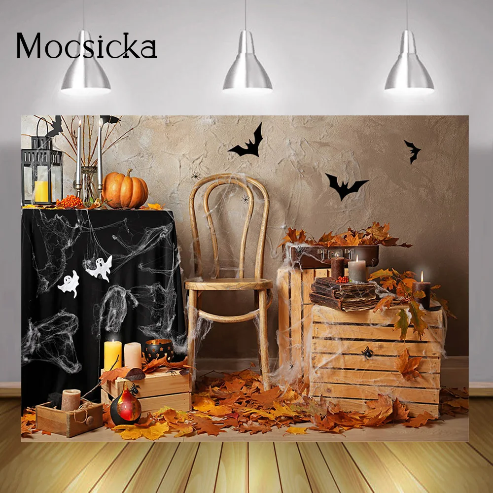 Halloween Party Cake Smash Photography Backdrop Autumn Maple Leaf Portrait Background Pumpkin Candle Bats Cobweb Photo Studio