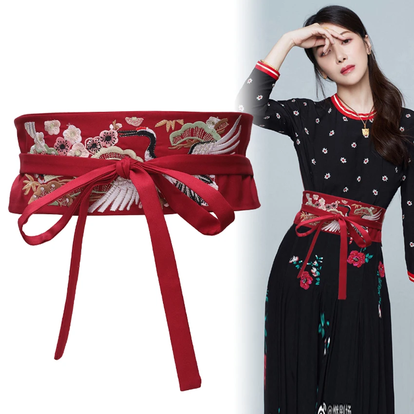 

Japanese Traditional Clothing Kimono Cardigan Obi for Women Girl Fashion Streetwear Crane Printed Tassel Bandage Belt Yukata Obi