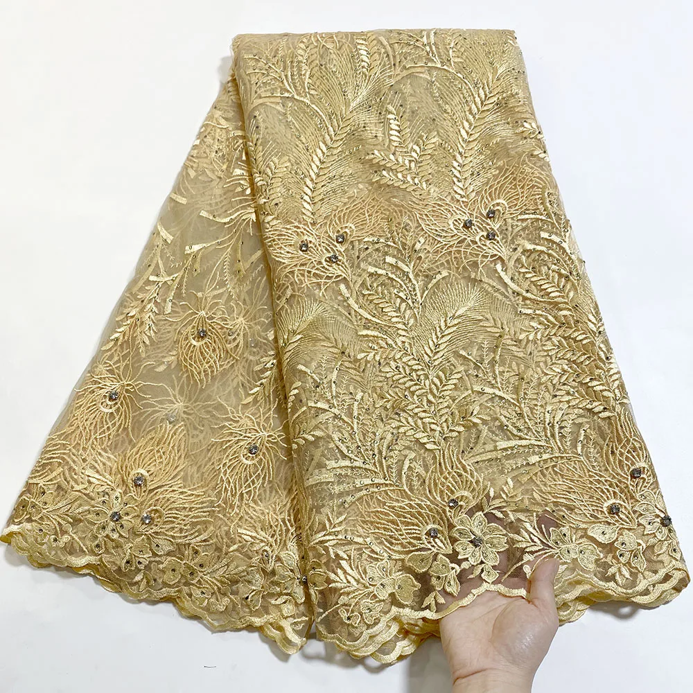 5 Yards Cheap Gold African Lace Fabric 2021 French Tulle High Quality Stones Embroidery Nigerian Wedding Robe Sewing Material DW