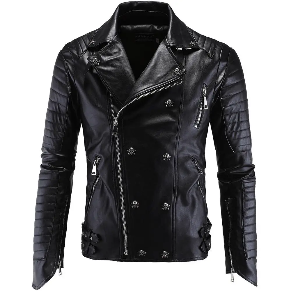 

Idopy Autumn Men's Faux Leather Jackets Coats Men Punk Skull PU Leather Multi Zippers Irregular Motorcycle Biker Leather Coat