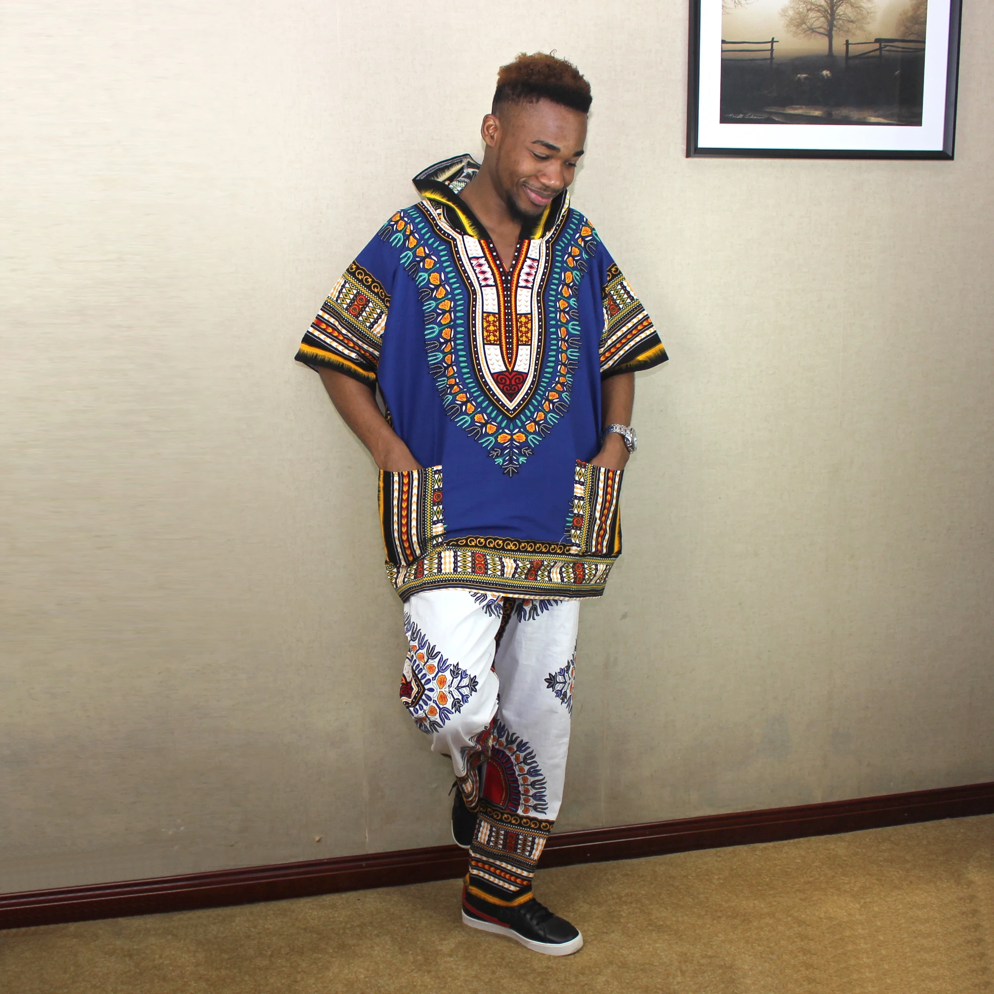 African Classic Dashiki with Pockets Mens Blue Printed Dashiki Hoodie