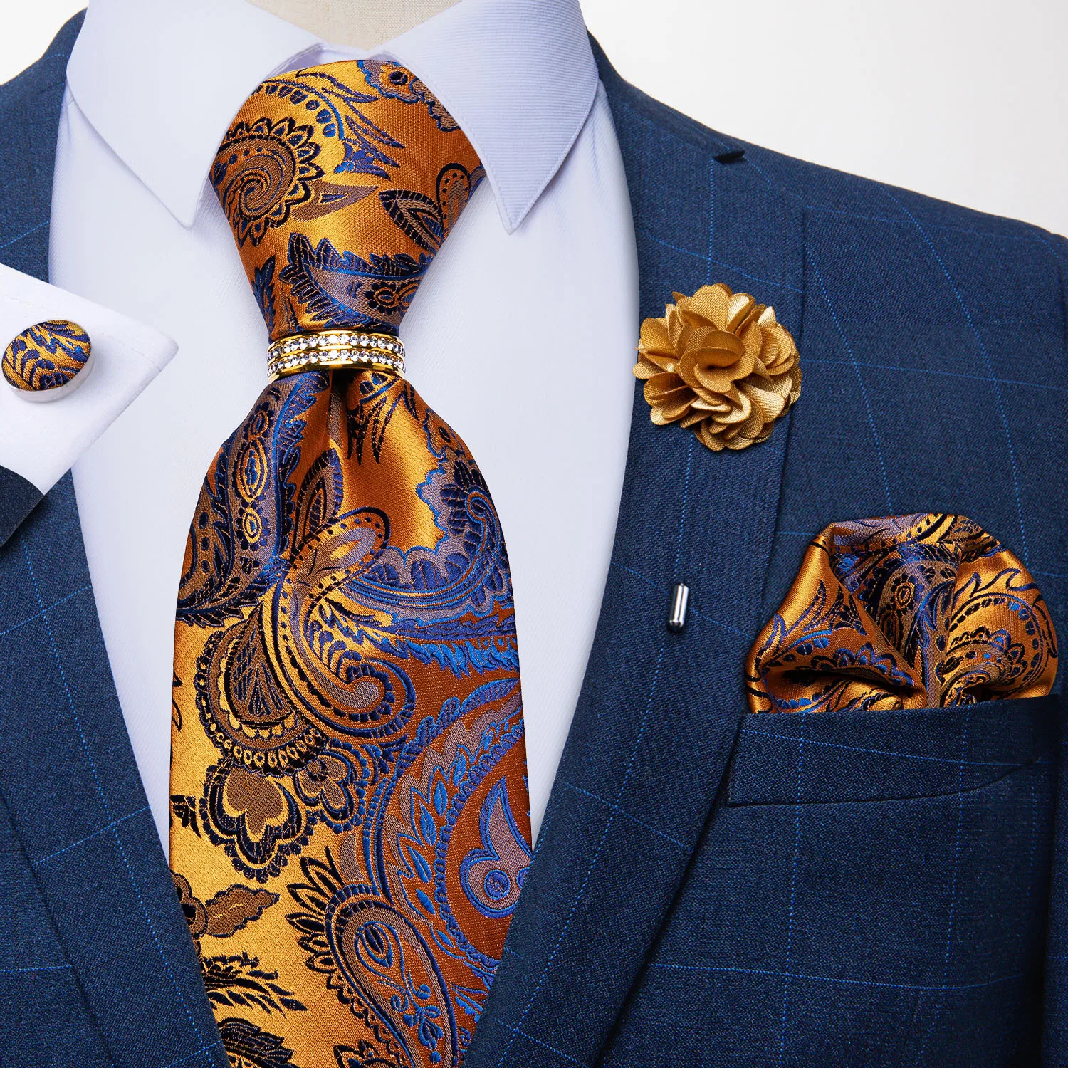 Neue Designer-Krawatten in Blau und Rot mit Paisley-Muster für Herren, Hochzeits- und Partykrawatte, luxuriöse Krawatte mit Ring und Brosche, Krawatten-Set, Geschenk für Herren, DiBanGu – Detail 20
