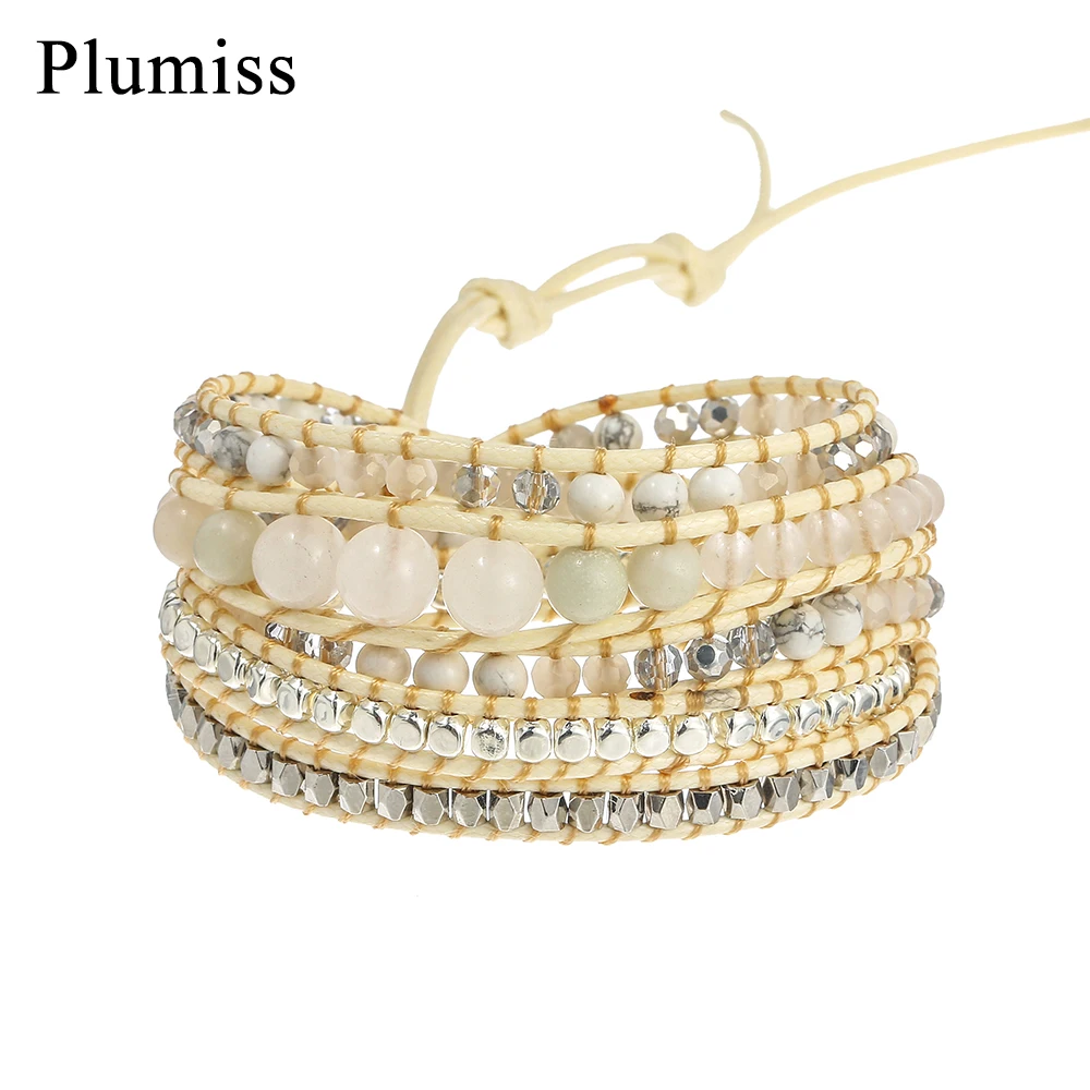 Plumiss Multi Size Natural Stone Wrap Bracelet for Women White Jades Crystal Geometric Copper Beads Boho Bracelets Femme Jewelry