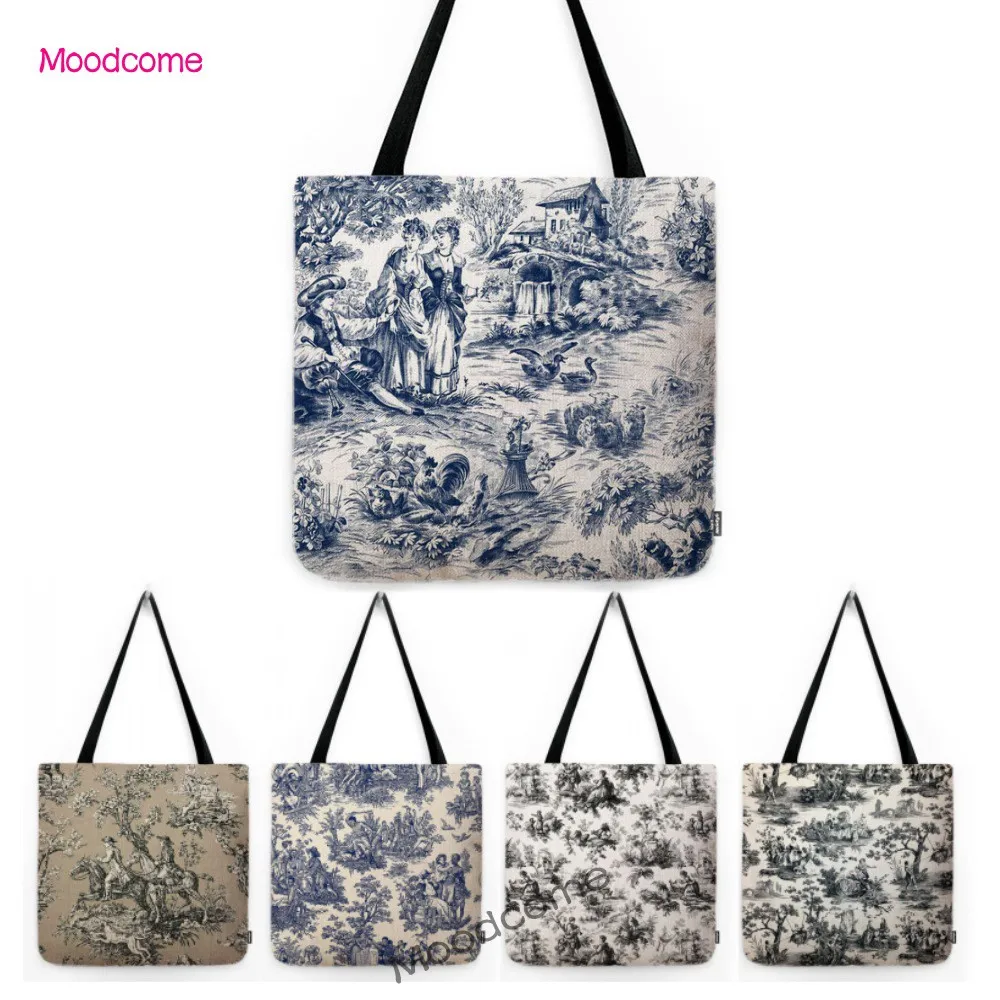 Navy Blue Black White Newspaper Poster Style Toile De Jouy Motif Pattern Vintage Water Resistant Linen Tote Bag Shoulder Bag