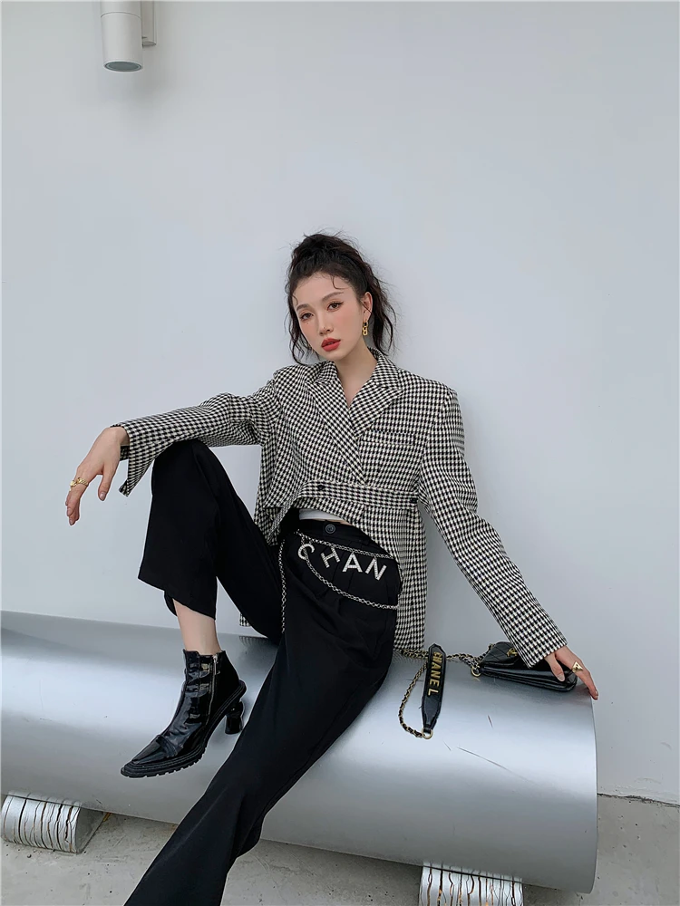 CHEERART Nhà Thiết Kế Crop Áo Blazer Nữ Bất Đối Xứng Houndstooth Áo Khoác Nữ Áo Khoác Ngắn Phù Hợp Với Mùa Thu 2021 Thời Trang Nữ