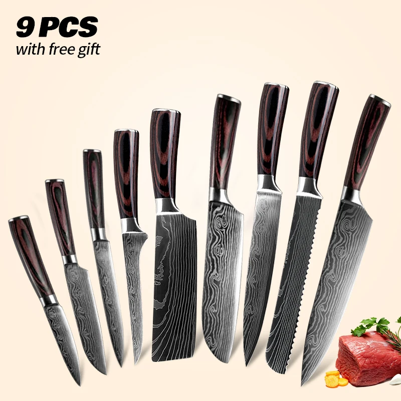 

Kitchen Knife Set Damascus Laser Pattern 9PCs 440C Stainless Steel Chef Slicing Bread Santoku Meat Cleaver Boning Fruit Knives