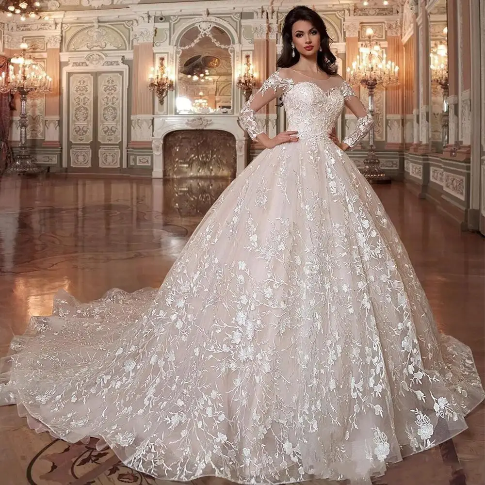 

Classic Dubai Arabic Princesse Ball Gown Wedding Dresses Elegant Lace Applique Shiny Bridal Gowns custom made