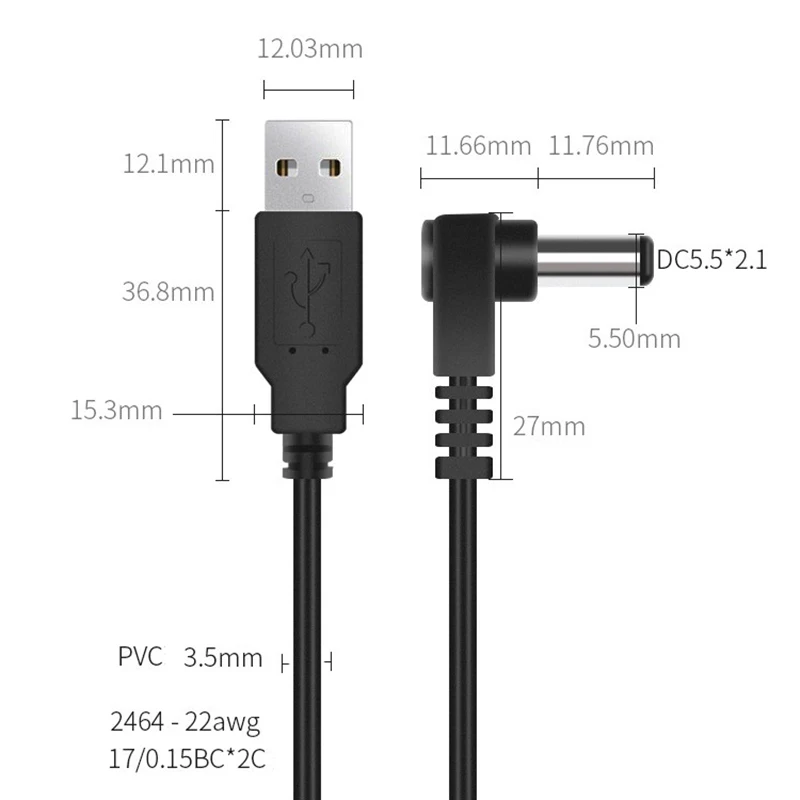 2M DC5.5 * 2.1 kolanko 90 kątowy kabel zasilający USB DC Jack 5.5mm x 2.1mm przewód ładujący