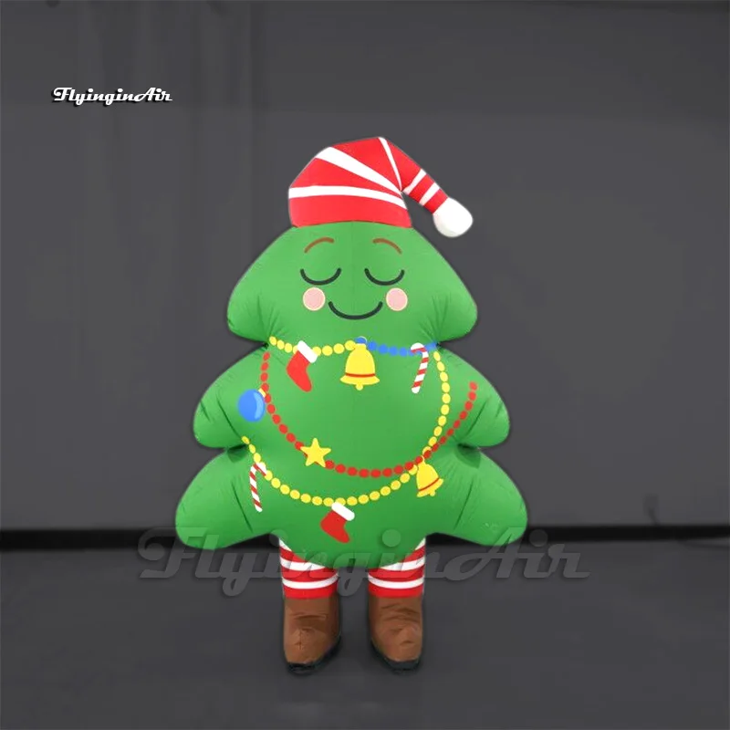 Cute Walking Inflatable Christmas Tree Costume 2m Wearable Cartoon Figure With A Hat For Xmas Parade Show