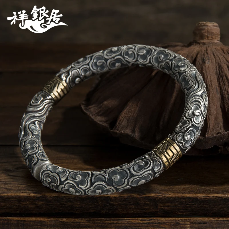 ★S999 fine silver full carving xiangyun great fine silver bangle bracelet Monkey King wu empty handmade silver bracelet