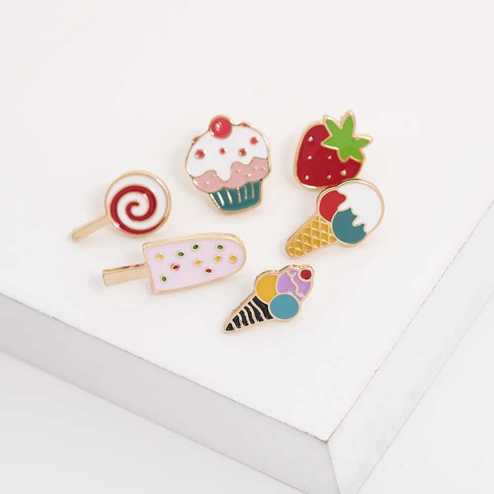 Cartoon Delicious Ice Cream Cake Metal Enamel Brooch Strawberry Lollipop Badge Child Pin Cute Trendy Lapel Backpack Jewelry Gift