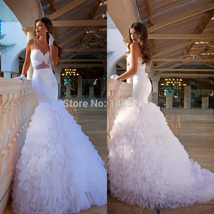 Dimitrius Dalia 화이트 Tulle Open Back 스파게티 아플리케 Pleated Sweep-Train Turmpet/Mermaid 웨딩 드레스 Beach Bridal Gown