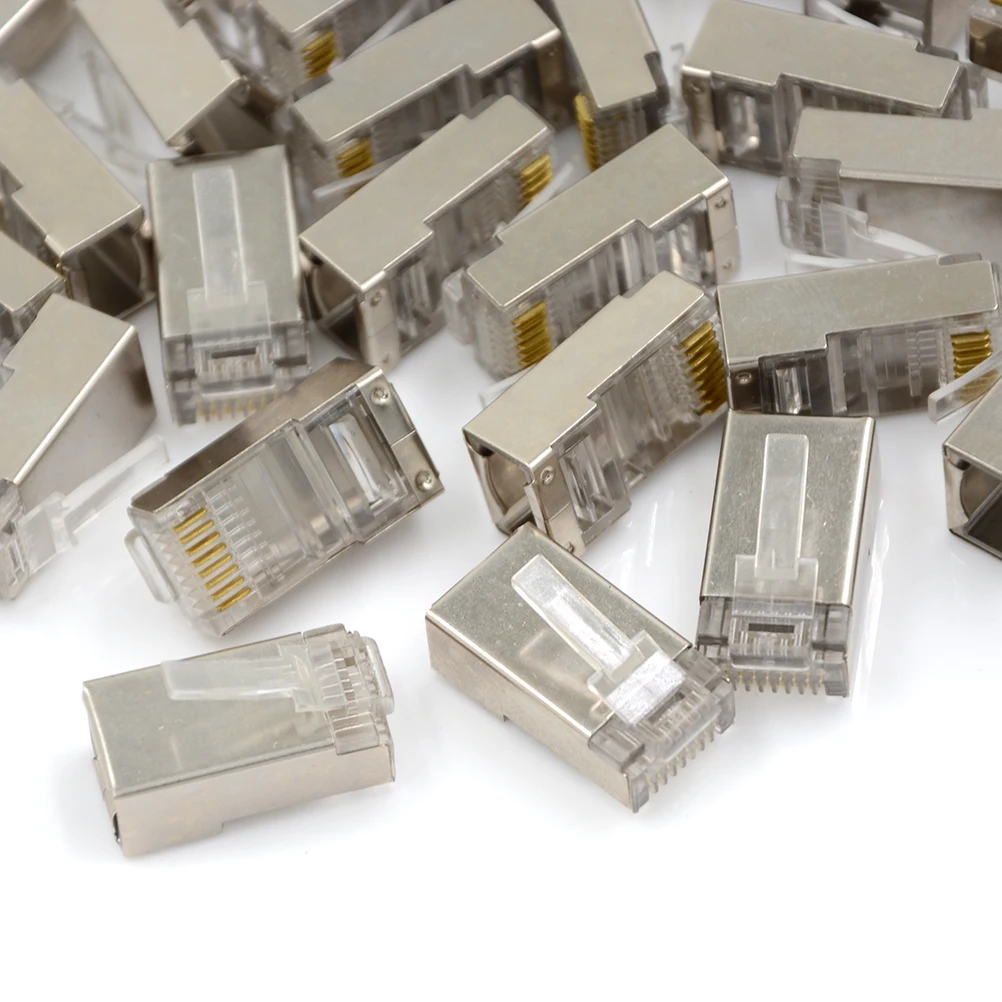 50Pcs Netwerk Connector RJ45 Modulaire Plug Cat6 8Pin 8P8C Metalen Afgeschermde Gestrand Crimp Vergulde Connector Socket