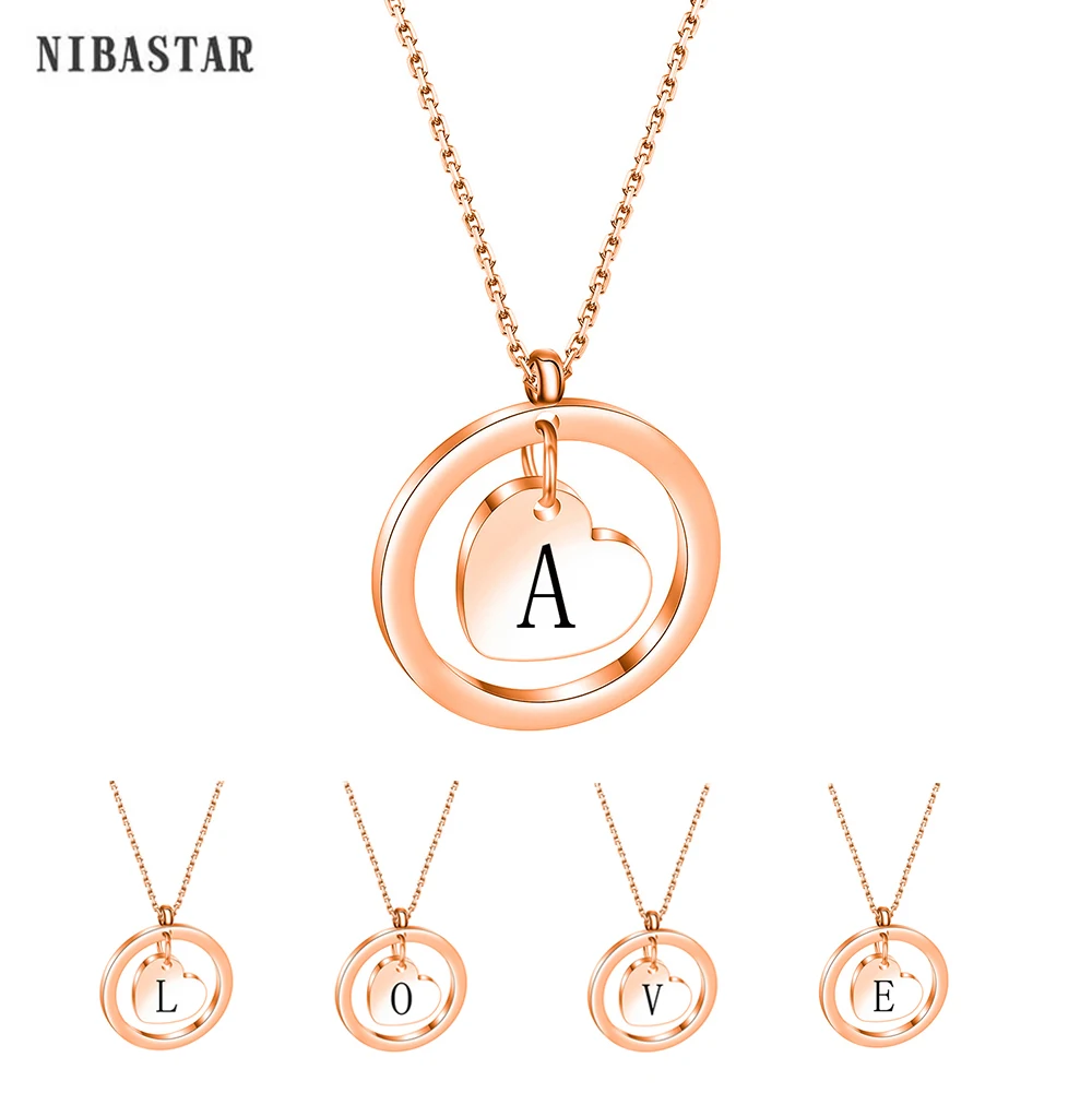 NIBASTAR Tiny Heart Letter Pendant Necklace For Women Dainty Rose Gold Color A-Z Letter Stainless Steel Necklace Jewelry Gift