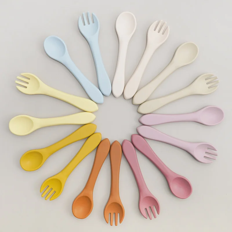 BPA Free Soft Silicone Spoon For Baby Utensils Set Auxiliary Food Toddler Learn To Eat Training Bendable Fork Children Tableware