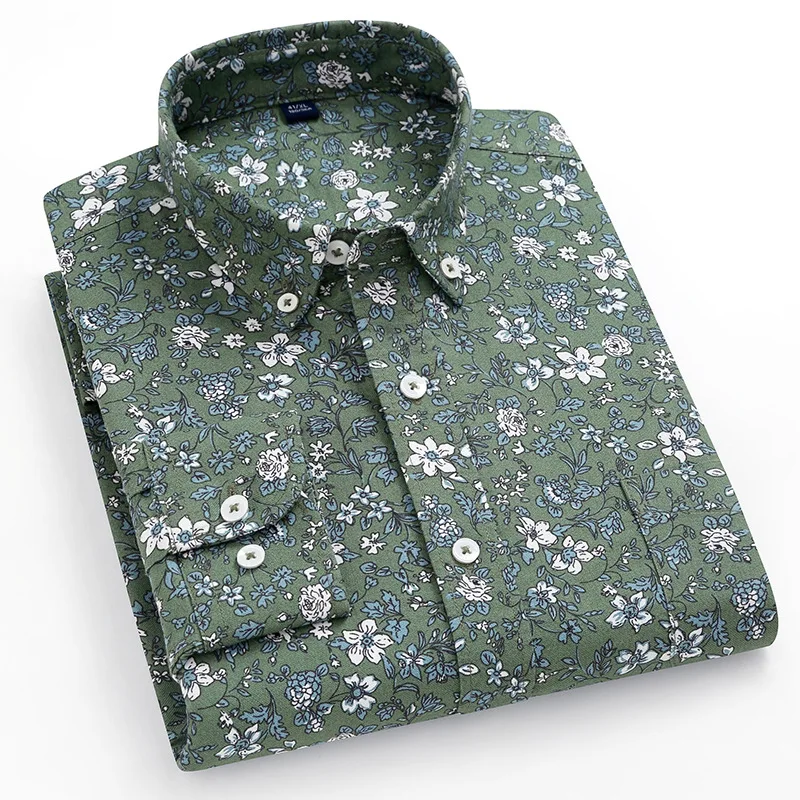 Camisas Oxford de algodão com estampa floral masculina, manga comprida, com botões, vintage, slim fit, casual, social, primavera