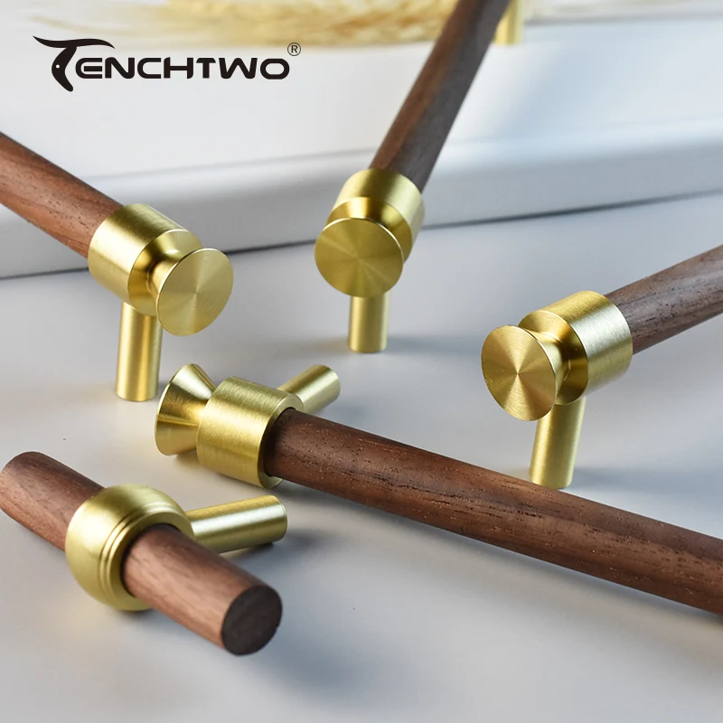 Long Black Walnut Wooden Kitchen Furniture Handles Modern Wardrobe Drawer Door Knobs Cabinet Pulls T-Bar Cupboard Wood Handle
