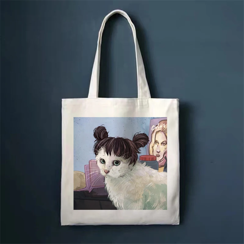 Cute Funny Cat Print Shopper Bags Handbags Shoulder Bags High Capacity Collapsible Woman Shopping Bags Canvas Bag Tote Bag