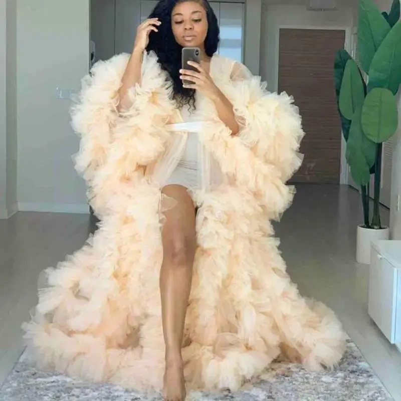 Luxury Maternity Evening Dresses Robe Sexy Illusion Tiered Ruffles Photoshoot Babyshower Bathrobe Kimono Party Birthday Dress