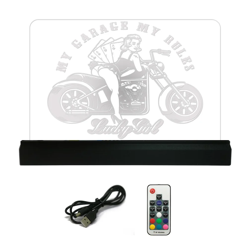 MY GARAGE MY RULES Acrylic LED Light Garage Decor Pin Up Girl With Motorcycle Personalized 3D Night Lamp Motorcyclist Present