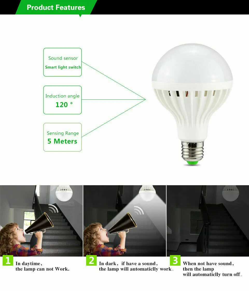 Sound Voice Activated Light Sensor Smart Bombillas LED Bulb E27 3W 5W 7W 9W 12W Induction lamp Stair Hallway light YZ