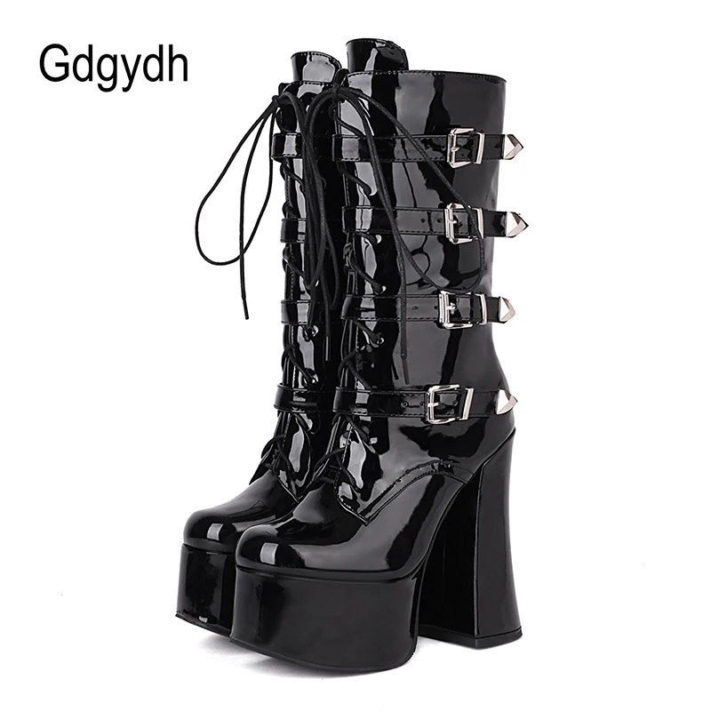 Gdgydh Lace Up Buckled Long Black Patent Boots With Chunky Heel Fashion Dance Boots Women High Quality Fall Platform Thick Sole