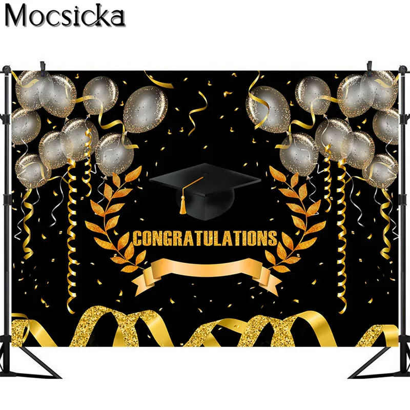 Mocsicka Graduation Backdrop Class of 2023 Photography Background Black Golden Celebration Party Silver Balloon Decoration Photo