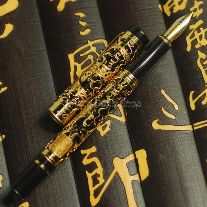 

Jinhao 5000 Classic Metal Fountain Pen Dragon Texture Carving, Black & Gold Business For Office & School & Home