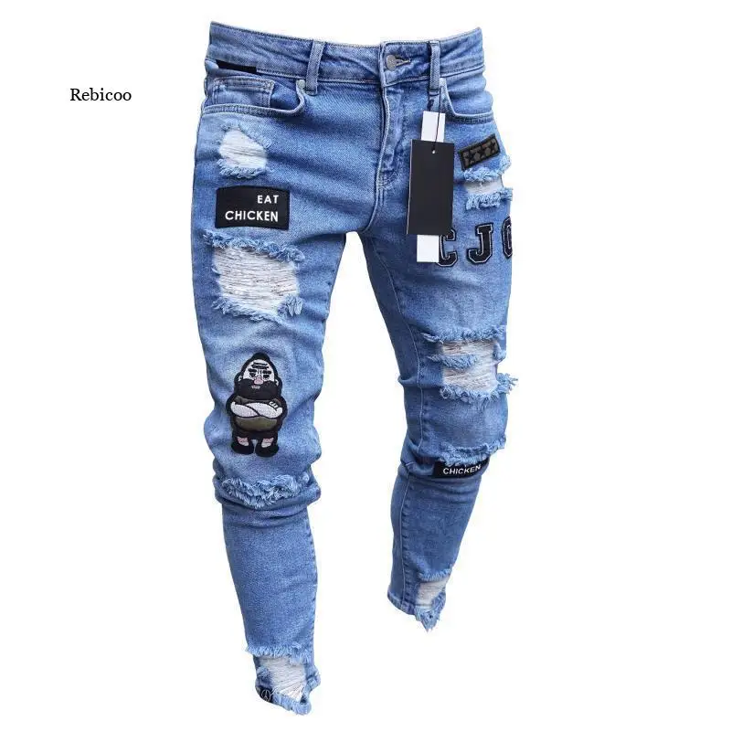 Männer Stepp Bestickte Jeans Skinny Jeans Zerrissene Grid Stretch Denim Hosen Mann Elastische Taille Patchwork Jogging Denim Hosen