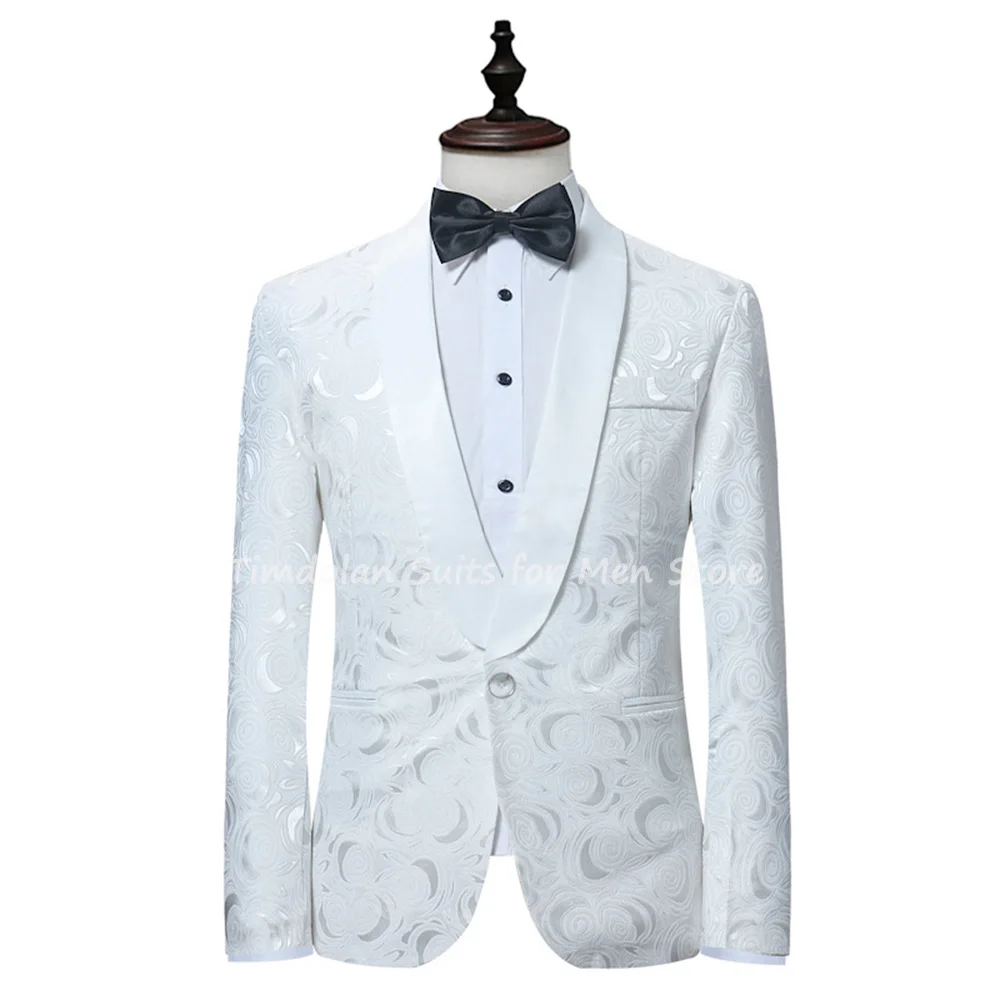 White Printed Men‘S Suits Slim Fit Custom Made Shawl Lapel Men’S Wedding Tuxedo Best Man Blazer Trousers Party Wear Jacket+Pants