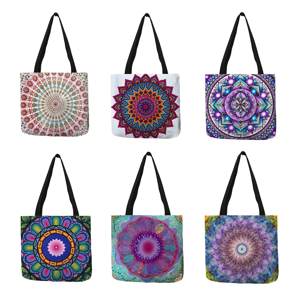 

Mandala Flower Tote Bags Women Eco Linen Reusable Shopping Bag Floral Print Handbags For Lady Traveling Beach