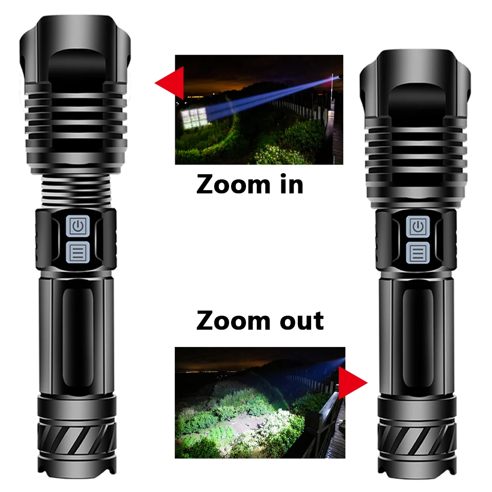 Brightest XHP200 Led Flashlight USB Rechargeable Power Bank Battery Flash Light Torch Aluminum Zoomable Waterproof Camping 26650