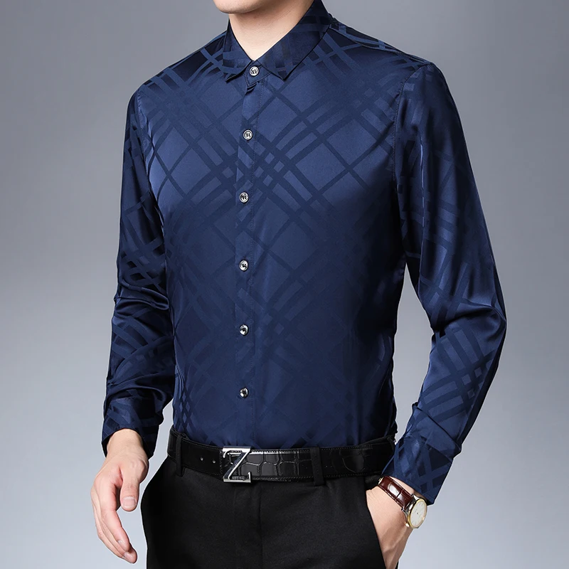 2019 New autumn & spring mens soft silk shirt casual male fashion striped long sleeve thin silk satin dress shirts