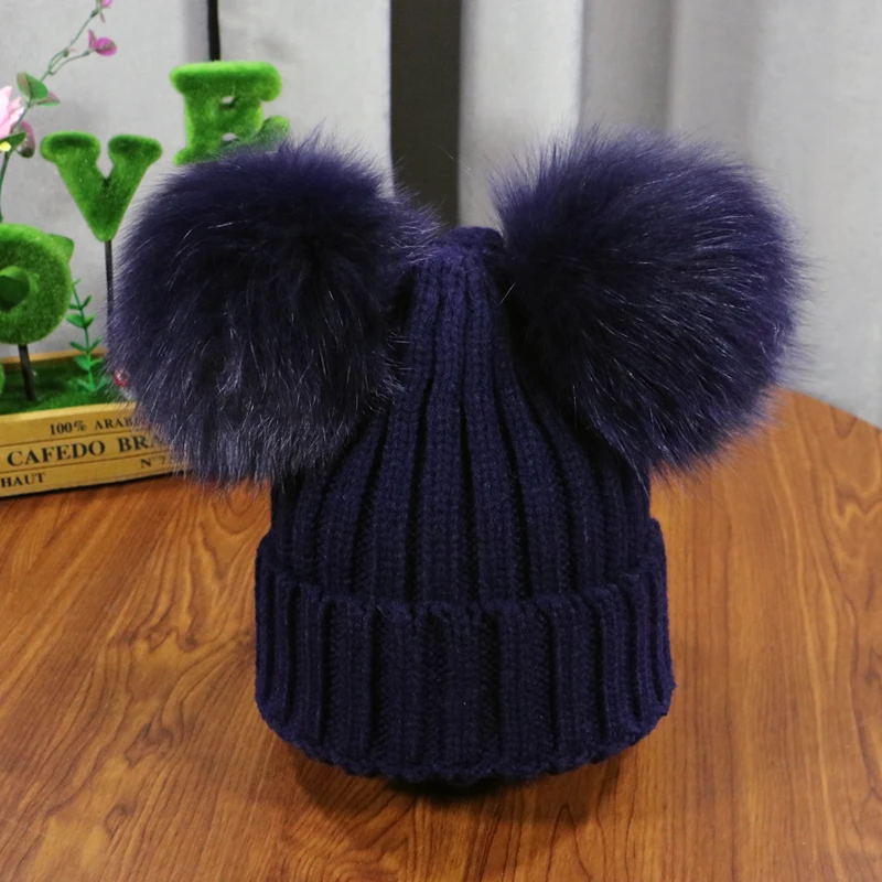 Winter Baby Knit Hat With Two natural Pompoms Boy Girls Natural Fur Beanie Kids Caps Double Real Fur Pom Pom Hat for Children