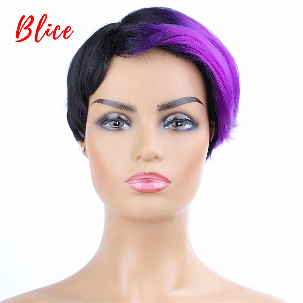 Blice 8 Inch Short Straight Synthetic Wigs Mix Color Wig FT1B / Red  Left-Side Bang For African American Women Wig