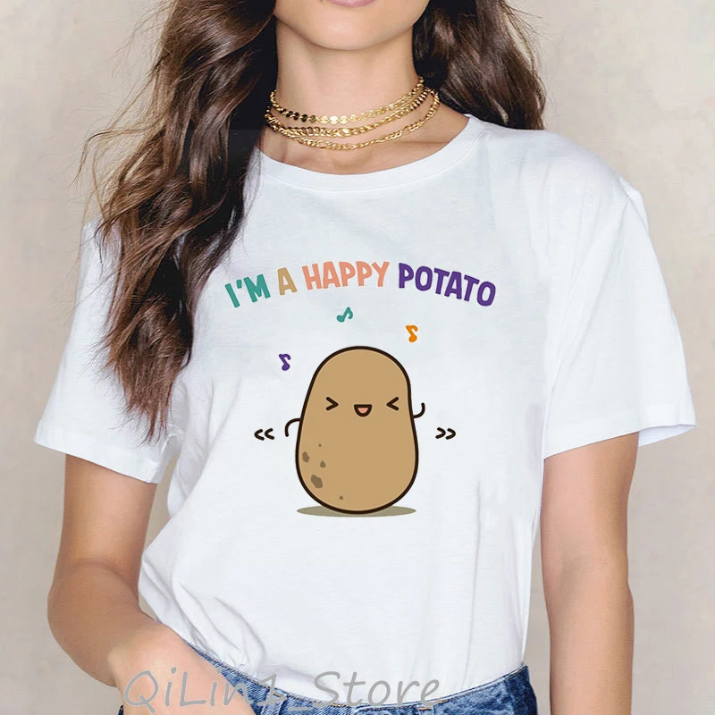 Cute Potato Printed Funny T Shirts Women Harajuku Kawaii Cartoon Print Tee Shirt Femme Graphic Tumblr Clothes White Tshirt