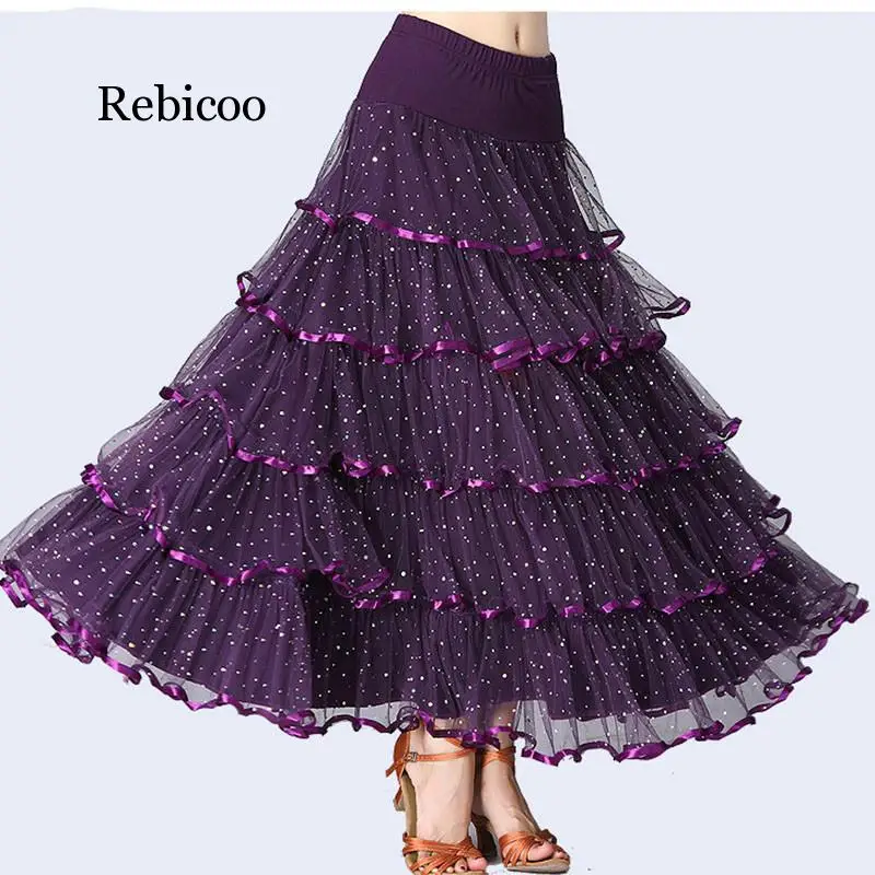 Rebicoo Sequined Ballroom Skirts Flamenco Spain Dancing Skirts for Women  New Ruffles Lace Long Elastic Skirts Dance Wear