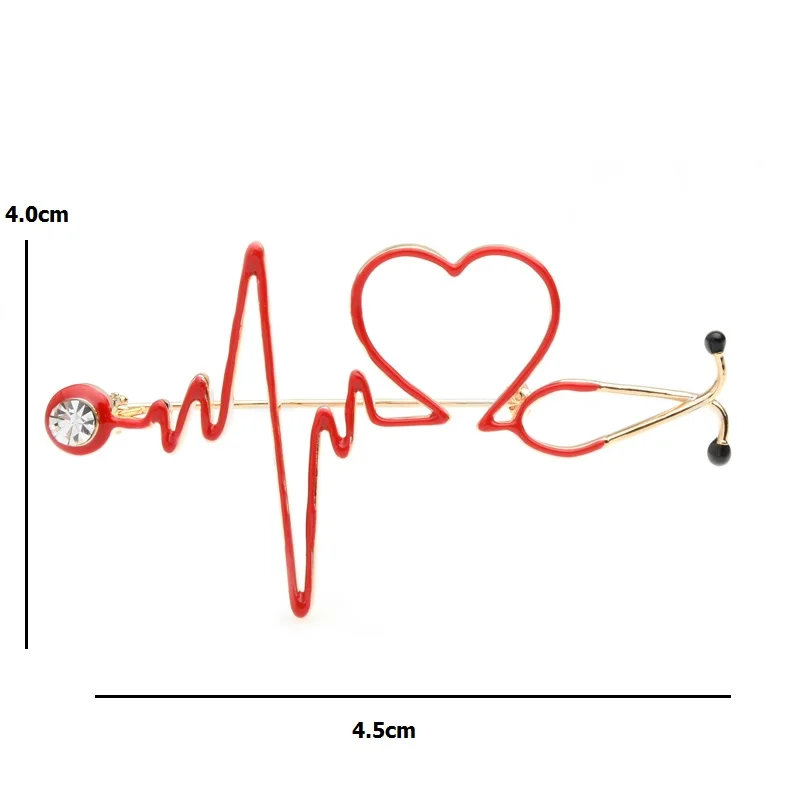 Wuli&baby Red Heart Rate Brooches Enamel Electrocardiogram Stethoscope Hospital Doctor Brooch Pins