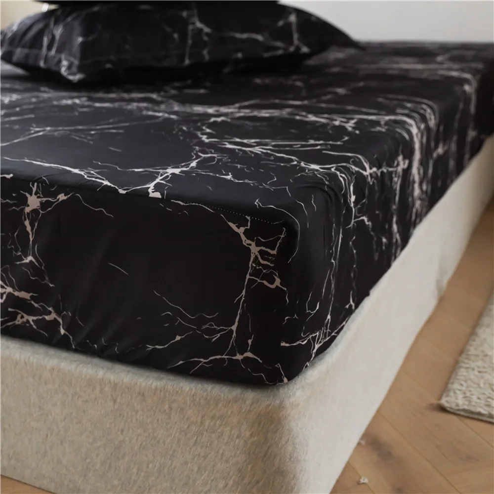 Fashion Black marble pattern Bed Fitted Sheets Sabanas Mattress Cover with Elastic Microfiber 90*200*30 120*200*30cm