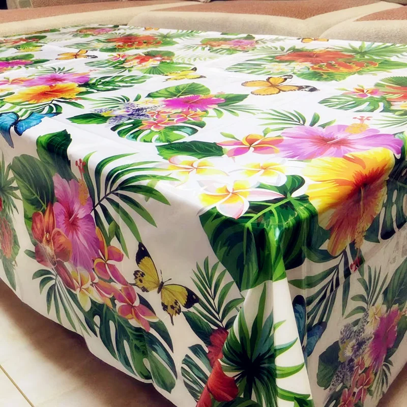 1PC 130x220CM Hawaiian Green Leaves Hibiscus Flower Butterfly Plastic Disposable Tablecloth Table Cover