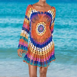 Mesh Häkeln Bikini Cover Up Frauen Sexy Netzs Aushöhlen Tunika Strand Kleid 2021 Sommer Mädchen Boho Badeanzug Bademode Sarong