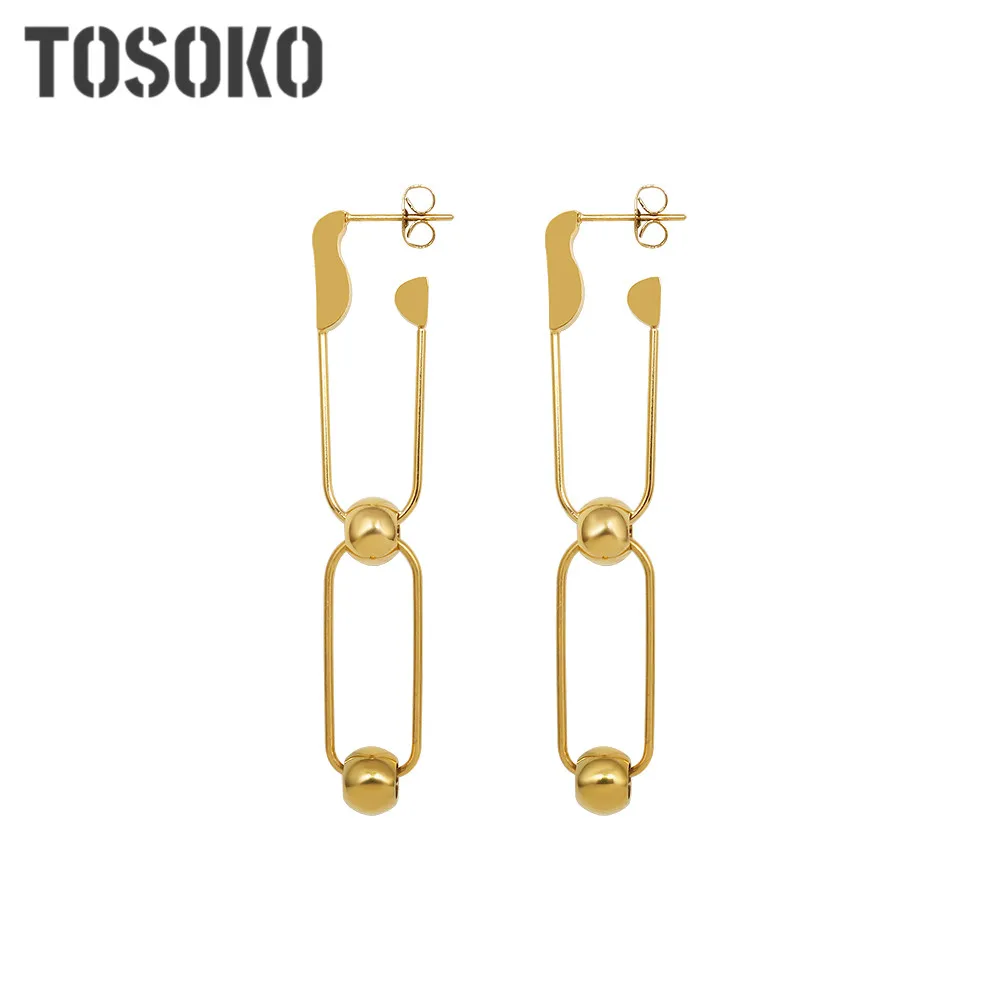 

TOSOKO Stainless Steel Jewelry Paper Clip Steel Ball Earrings 18 K Golden Women Fashion Earrings BSF494